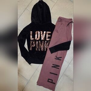 Victoria's Secret PINK Y2K Black Velour/Rose Gold 2pc Set Flared Sweatpants XS